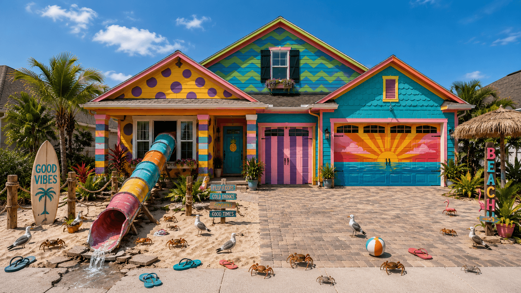 Colorful suburban home with a beach-themed yard and tube slide