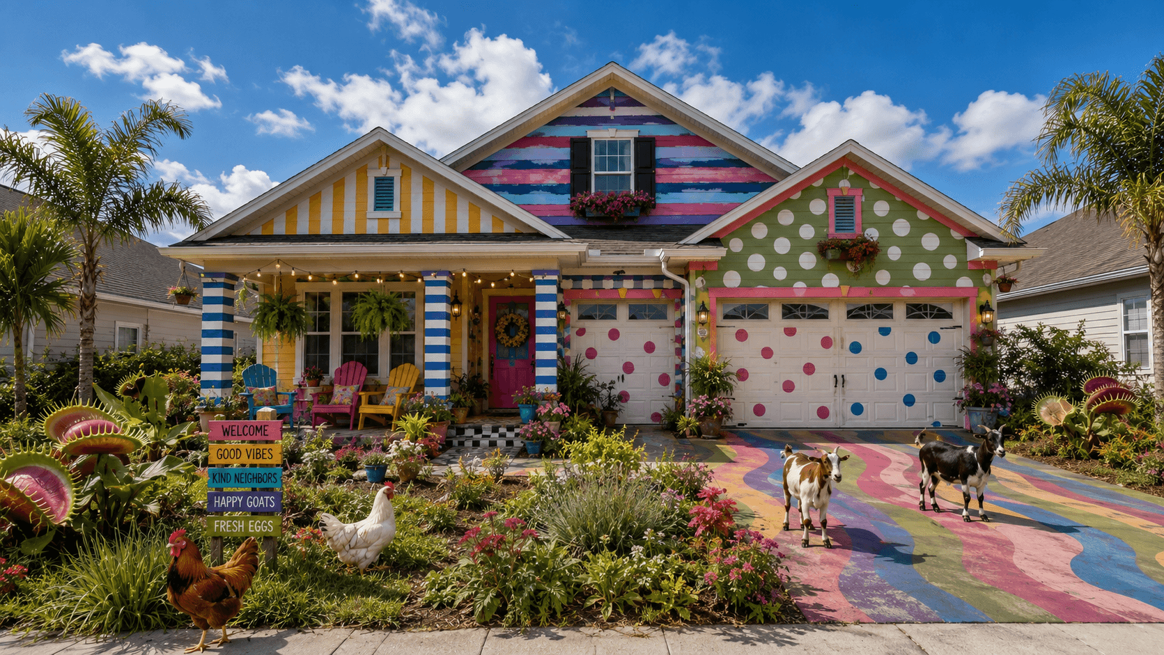 Colorful suburban home with chickens and goats in the front yard