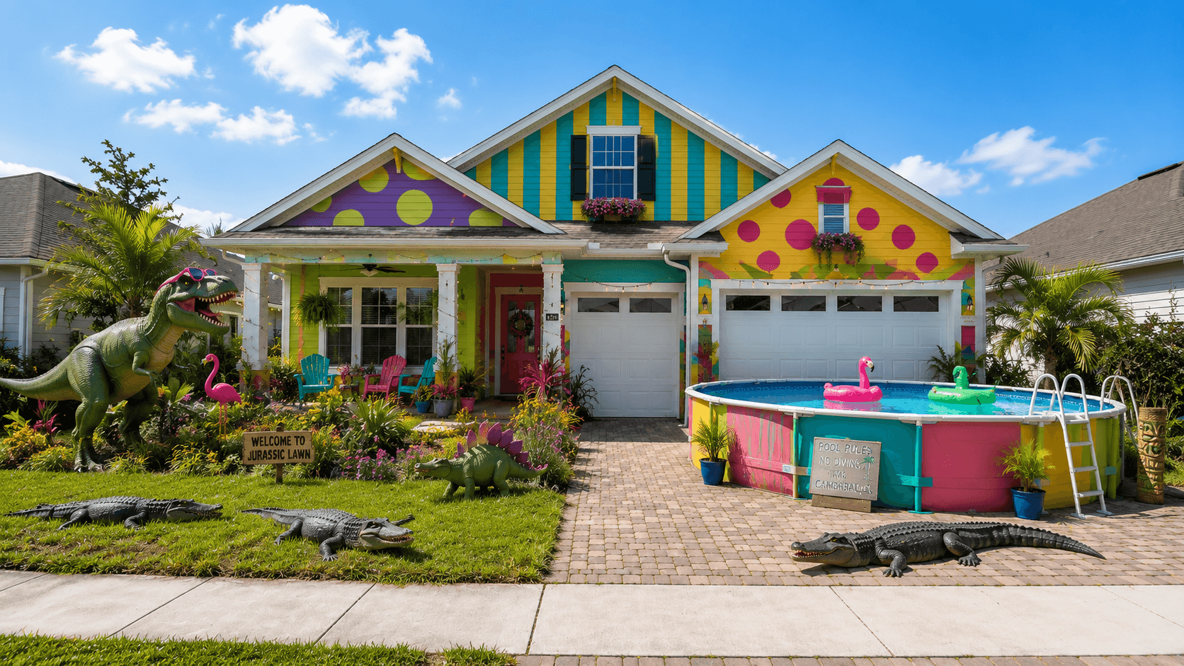 Colorful suburban home with a pool and dinosaur-themed landscaping