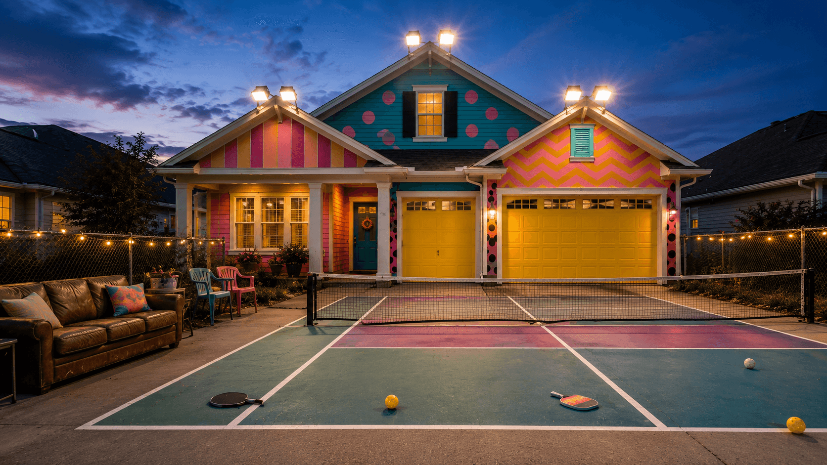 Colorful suburban home with a front-yard pickleball court